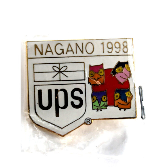 UPS United Parcel Service Logo Nagano 1998 Olympic Mascot Owls Japan Flag Pin - Picture 1 of 6